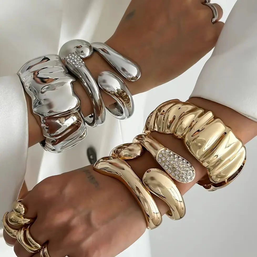 Ingemark Hip Hop Inlaid Rhinestones Water Drop Spring Bangle for Women Creative Irregular Chunky Bracelets Steampunk Jewelry Men