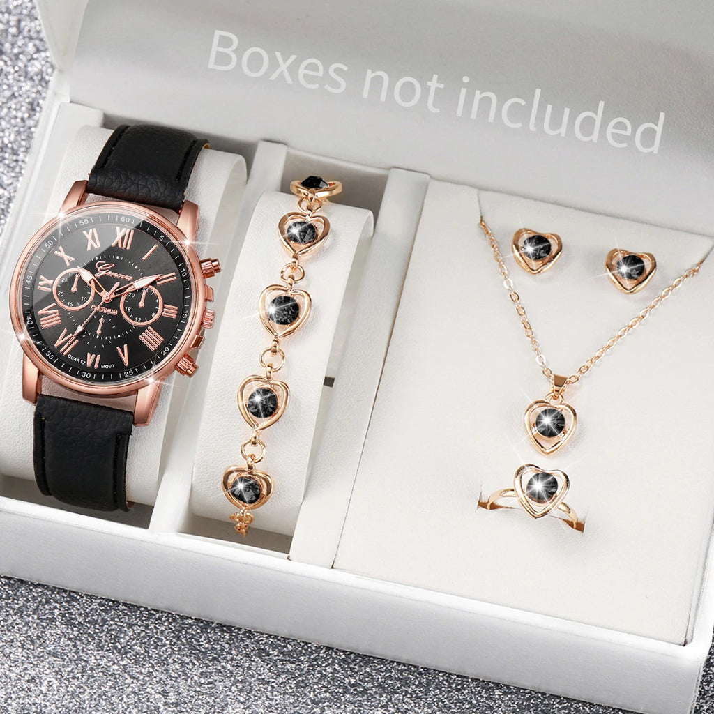 5/6PCS Luxury Women Watches Jewelry Set Fashion Roma Dial Ladies Leather Band Quartz Watch Relogios Feminino（Without Box）