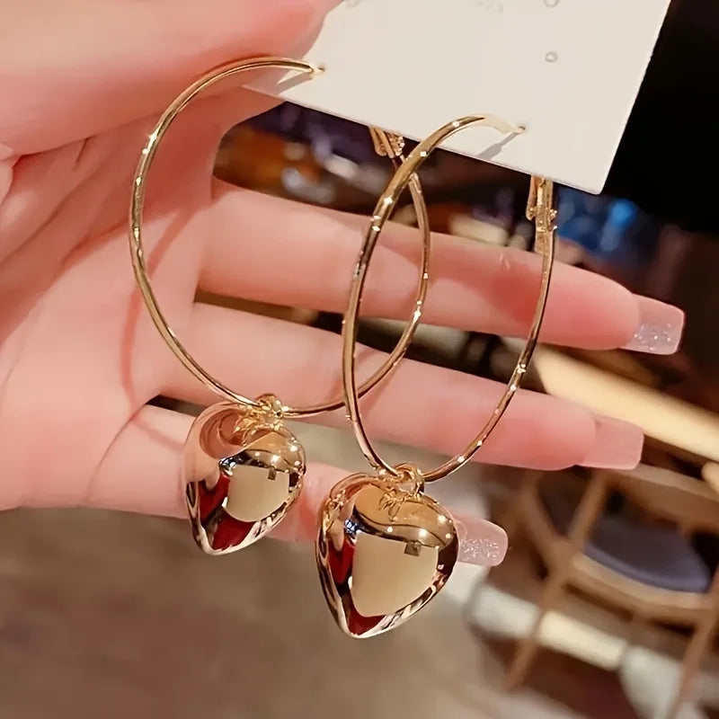 2024 New Heart Pendant Drop Earrings for Women Fashion Gold Color Design Exaggerate Big Circle Hoops Earring Korean Jewelry Gift