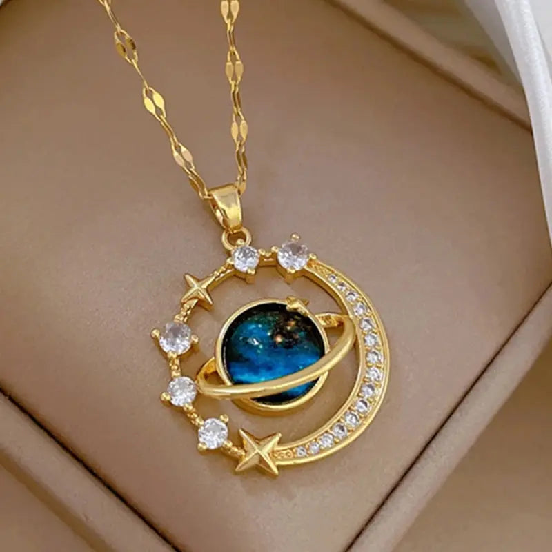 ZAKOL Spaceman Astronaut Star Necklaces For Women Girls Gold Color Planet Moon Pendant Clavicle Chain Choker Jewelry Gifts