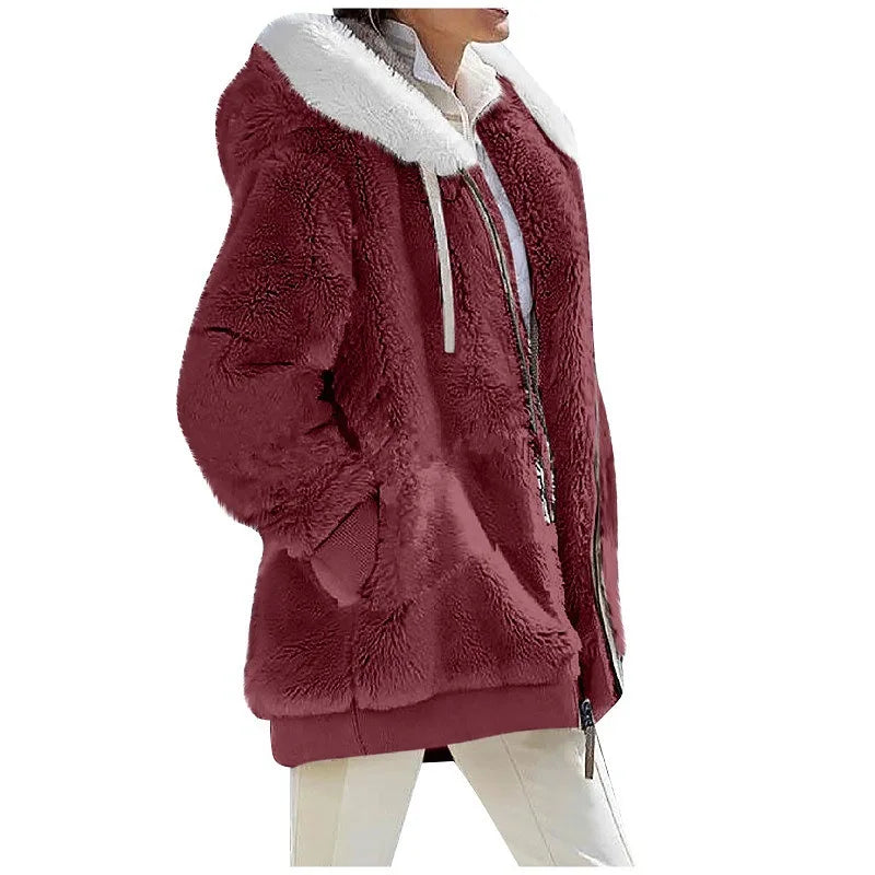 New Style Winter Fashion Women's Coat Casual Hooded Zipper Ladies Clothes Cashmere Women Fleece Jacket Solid Color Ladies Coats