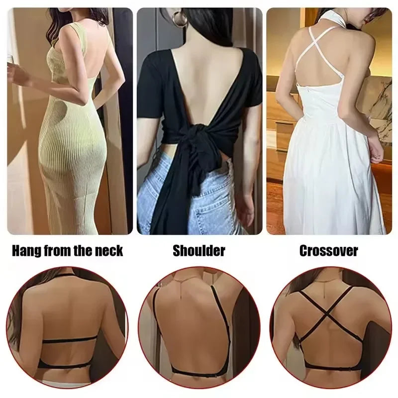 Women Invisible Bra Deep U Plunge Bras Backless Top for Dresses Sexy Lingerie with Transparent Strap Push Up Strapless Underwear