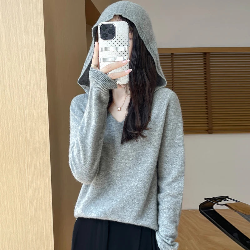 Women Autumn Winter Clothing Hooded Collar Pullover 100% Merino Wool Sweater New Fashion Cashmere Tops Bottoming Knitwear Soft