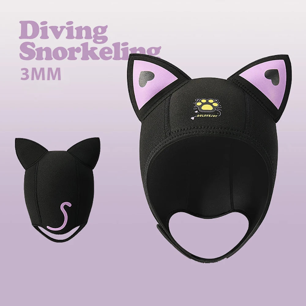 3MM Neoprene Diving Hood With Chin Straps Women Cute Cat Ears Waterproof Hat Wetsuit Hood Swimming Snorkeling Caps