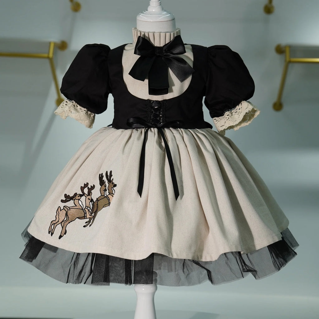 0-12Y Baby Girl Summer Black Deer Embroidery Turkish Vintage Princess Dress for Birthday Holiday Easter Photography Eid C105