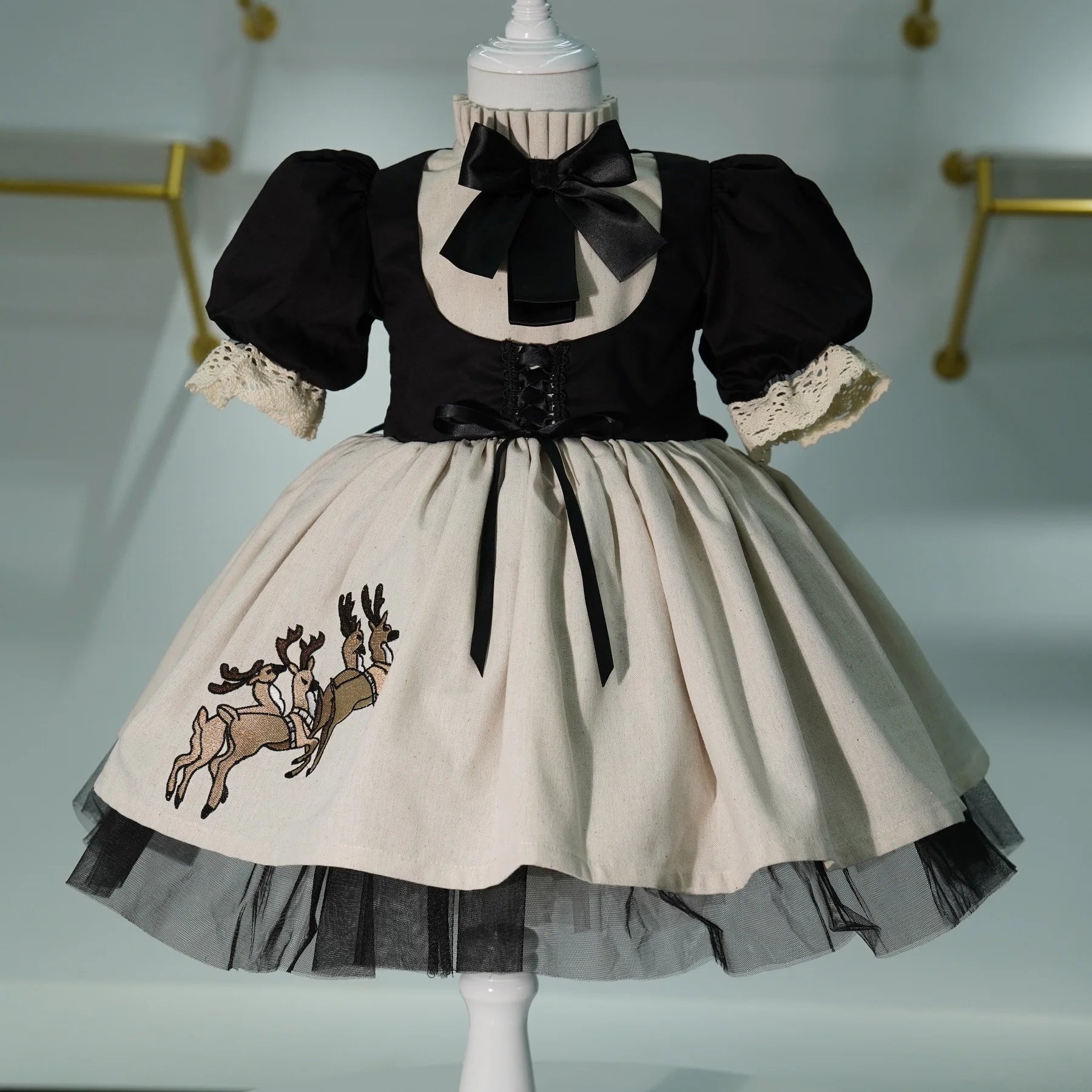 0-12Y Baby Girl Summer Black Deer Embroidery Turkish Vintage Princess Dress for Birthday Holiday Easter Photography Eid C105