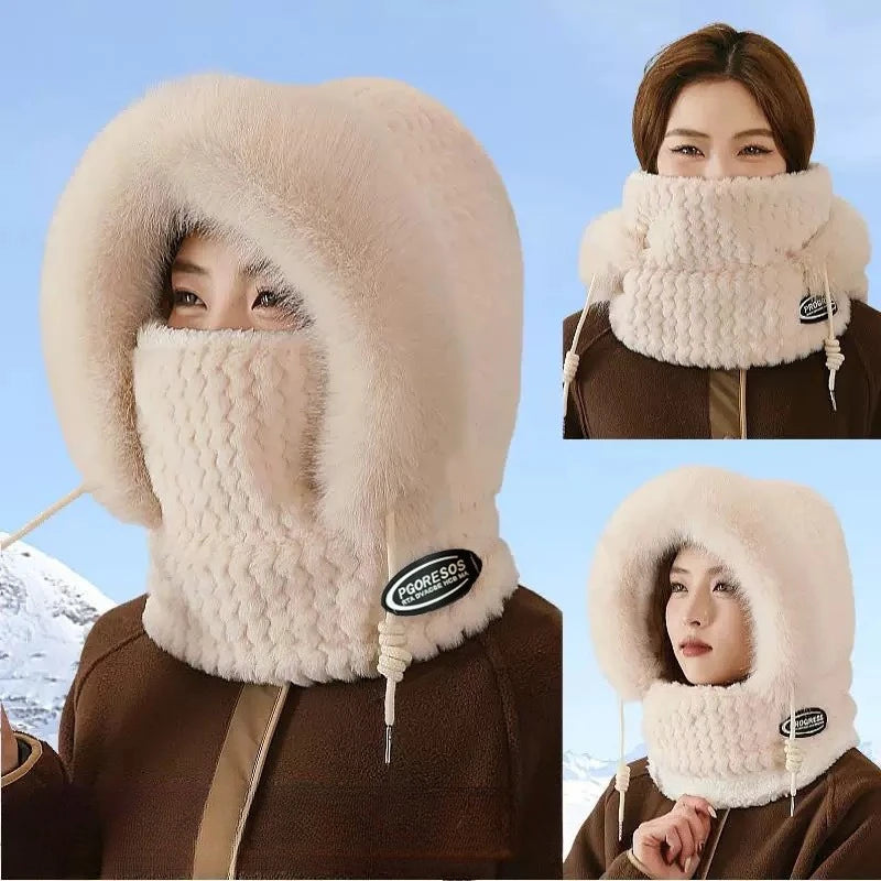 Autumn and Winter Women Thermal Plush Hat Hood Scarf and Mask Ear Protection Windproof Thick Design for Riding Outdoor