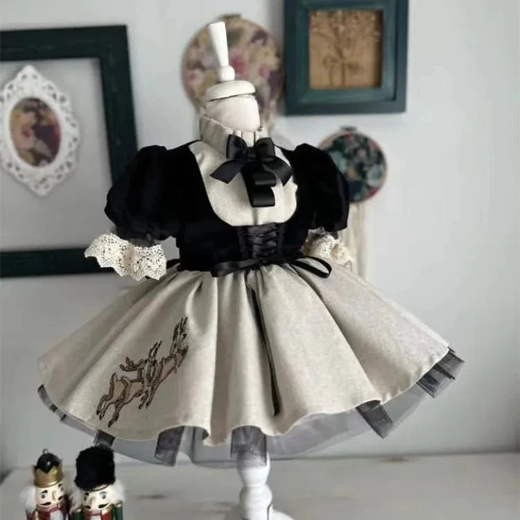 0-12Y Baby Girl Summer Black Deer Embroidery Turkish Vintage Princess Dress for Birthday Holiday Easter Photography Eid C105