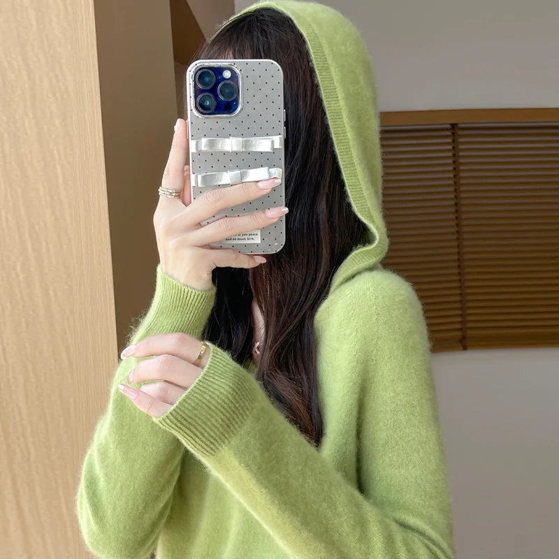 Women Autumn Winter Clothing Hooded Collar Pullover 100% Merino Wool Sweater New Fashion Cashmere Tops Bottoming Knitwear Soft