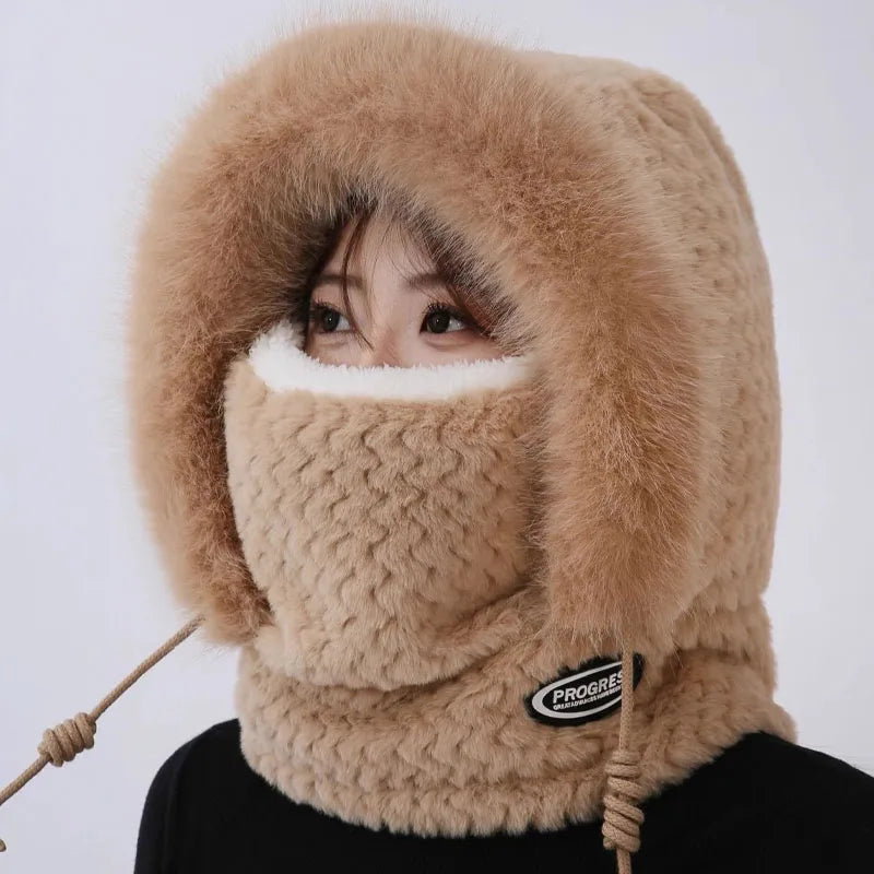 Autumn and Winter Women Thermal Plush Hat Hood Scarf and Mask Ear Protection Windproof Thick Design for Riding Outdoor
