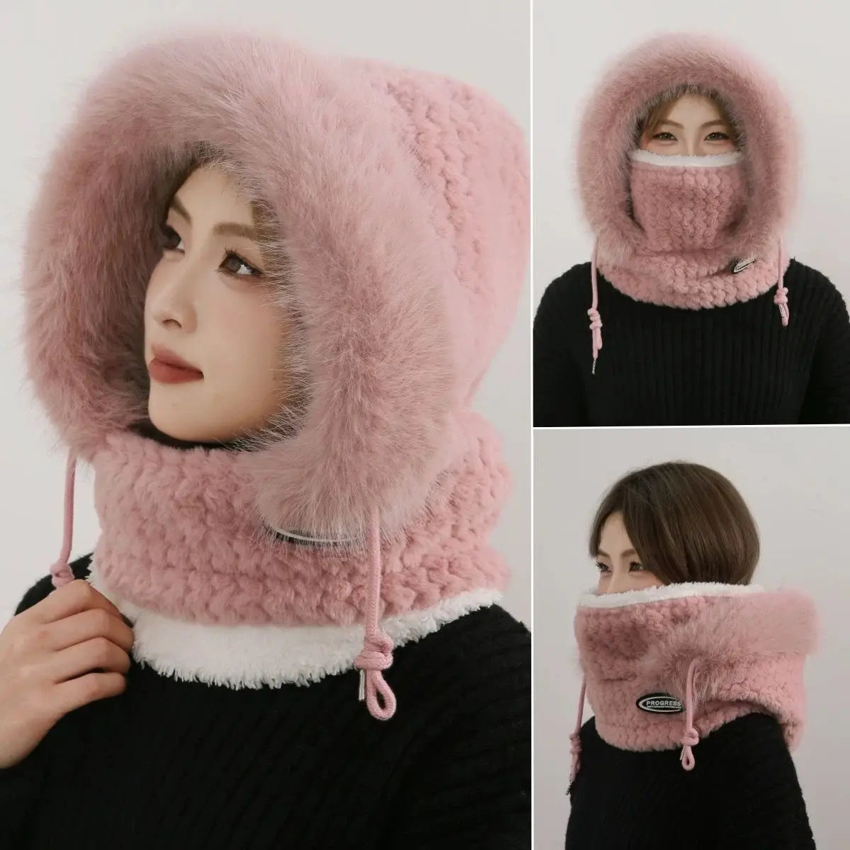 Autumn and Winter Women Thermal Plush Hat Hood Scarf and Mask Ear Protection Windproof Thick Design for Riding Outdoor