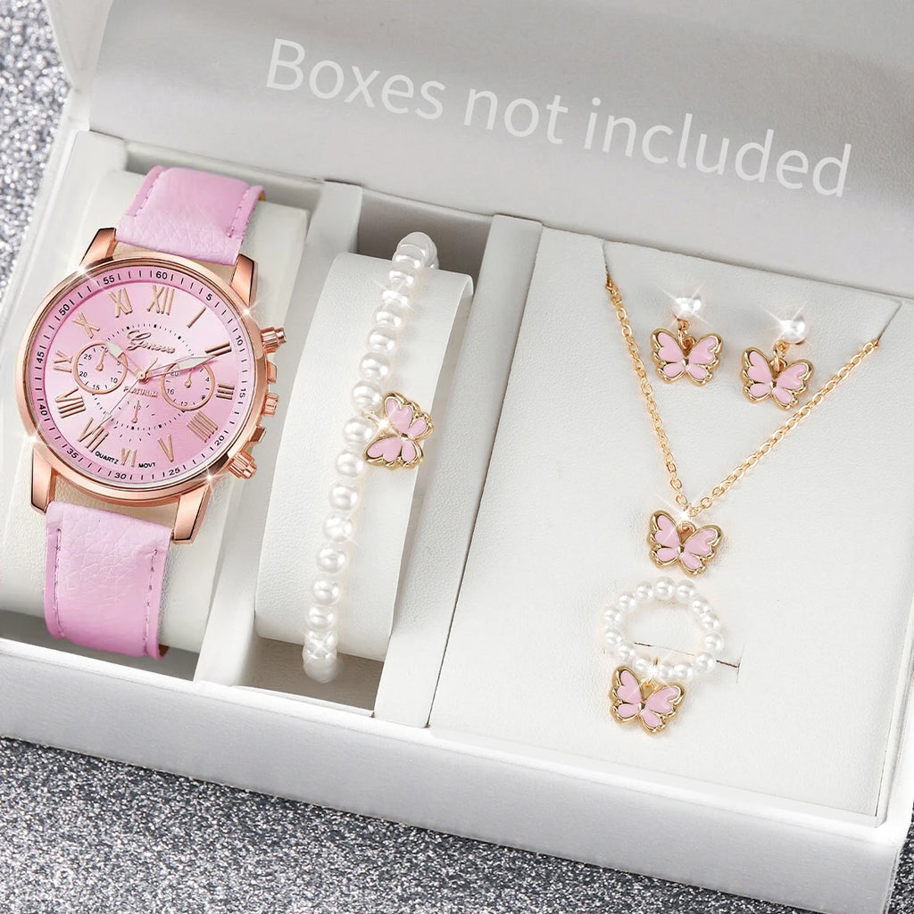 5/6PCS Luxury Women Watches Jewelry Set Fashion Roma Dial Ladies Leather Band Quartz Watch Relogios Feminino（Without Box）