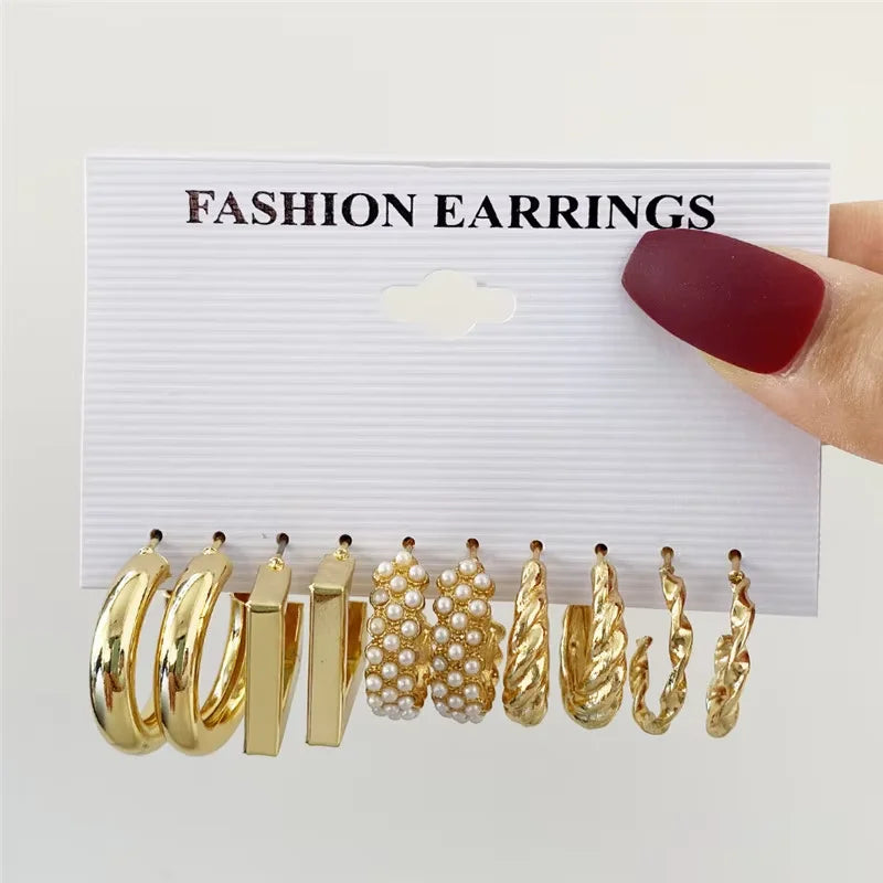 Fashion Geometric Hoop Earrings Set for Women Vintage Bohemian Pearl Gold Color Round Earring Punk Daily Wear Jewelry Gifts 2025