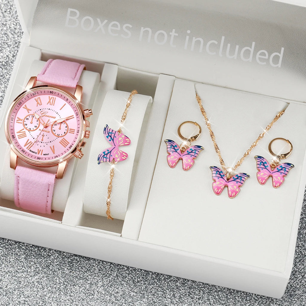 5/6PCS Luxury Women Watches Jewelry Set Fashion Roma Dial Ladies Leather Band Quartz Watch Relogios Feminino（Without Box）