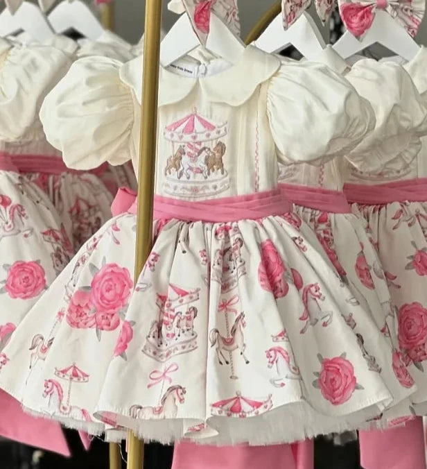 Baby Girl Summer Cartoon Carousel Embroidery Printed Turkish Vintage Princess  Dress for Birthday Party Eid Photography B87
