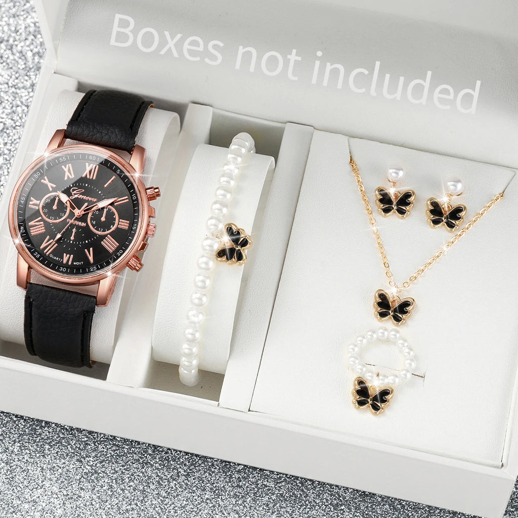5/6PCS Luxury Women Watches Jewelry Set Fashion Roma Dial Ladies Leather Band Quartz Watch Relogios Feminino（Without Box）