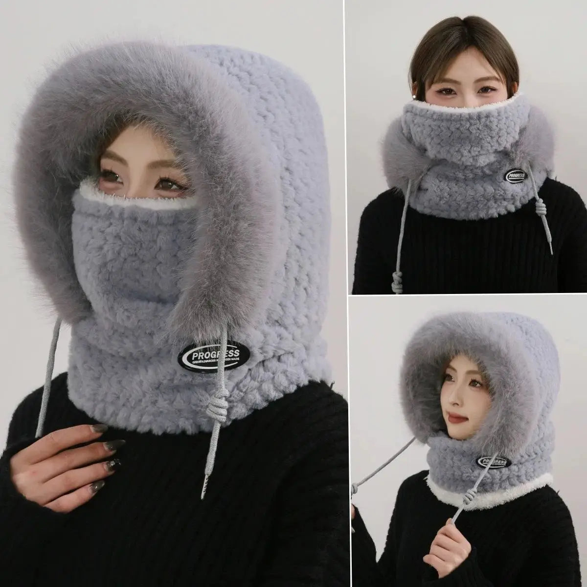 Autumn and Winter Women Thermal Plush Hat Hood Scarf and Mask Ear Protection Windproof Thick Design for Riding Outdoor