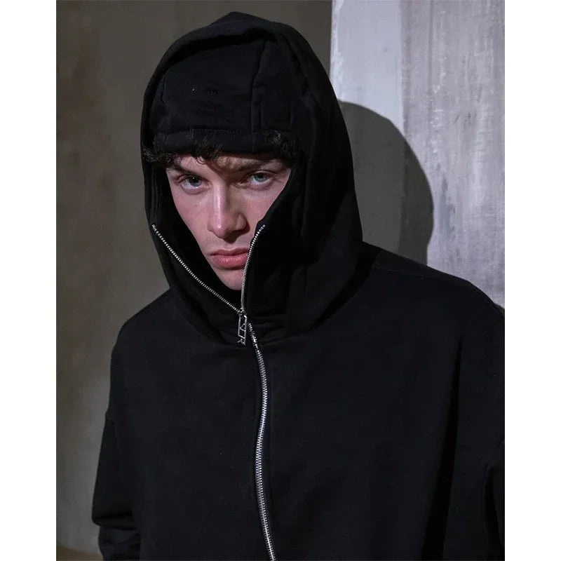 Men and women Balaclava Y2K Gothic Harajuku winter new item double hooded sweatshirt men's hooded mask zipper sportswear
