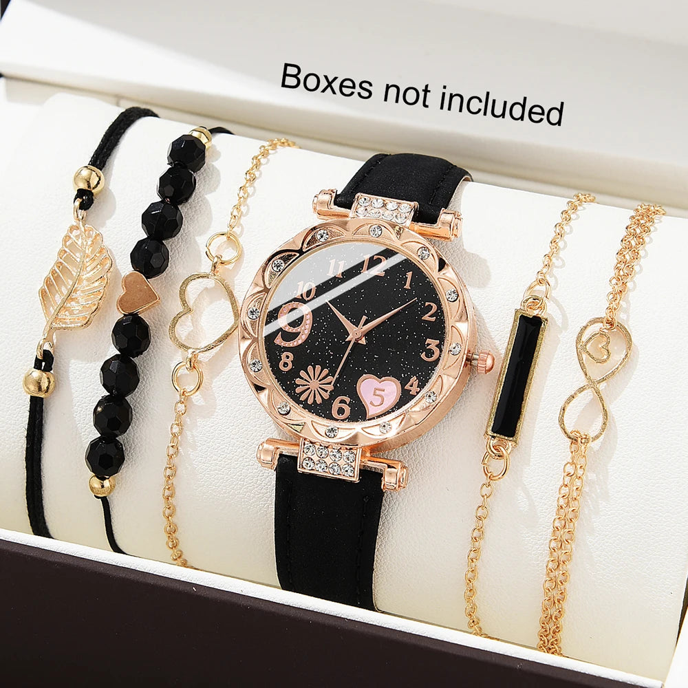 6PCS Women's Fashion Quartz Watch Luxury Pink Leather Band Analog WristWatch Ladies Watch Women Dress Bracelet Set  Clock