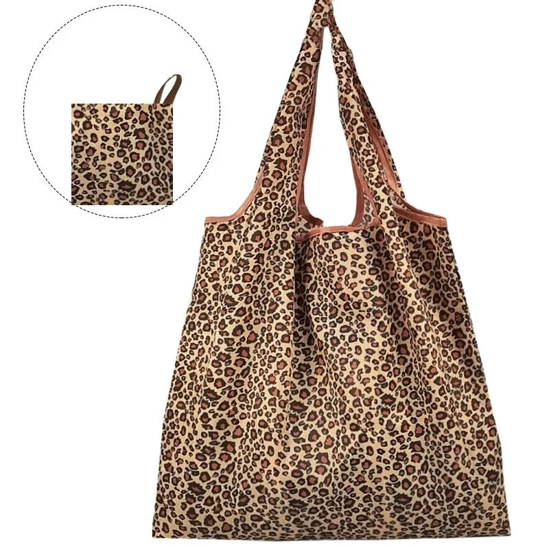 Large Capacity Leopard Print Hand Shopping Bag Women's Daily Folding Handbag