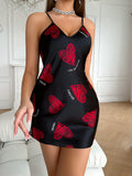 Valentine's Day Red Lip Print Satin Slip Nightdress V Neck Backless Mini Sleep Dress Women's Sleepwear Dresses