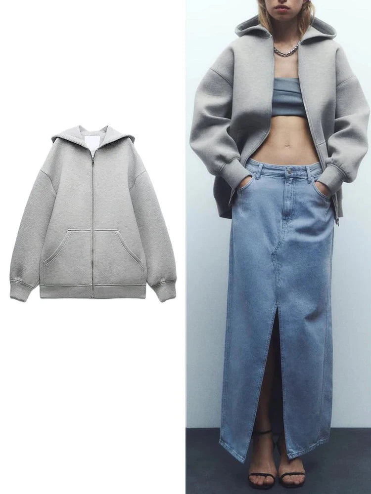 Women's Versatile Hooded Zip Long Sleeve Loose Jacket Fashion Oversized Casual Top Sweatshirt Street Basic Sports Wear