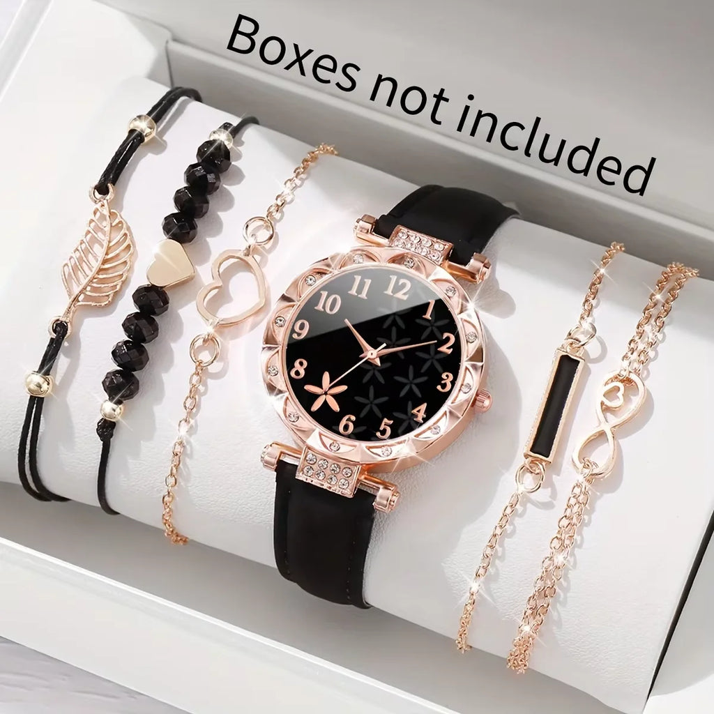 6PCS Women's Fashion Quartz Watch Luxury Pink Leather Band Analog WristWatch Ladies Watch Women Dress Bracelet Set  Clock