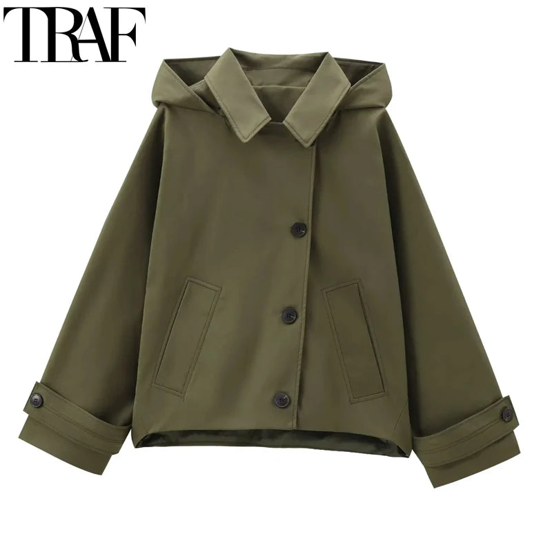 HXAO Female Windbreaker Outerwears Hood Cropped Jacket Women Solid Trench Coat Autumn Long Sleeve Demi-Season Casual Coats