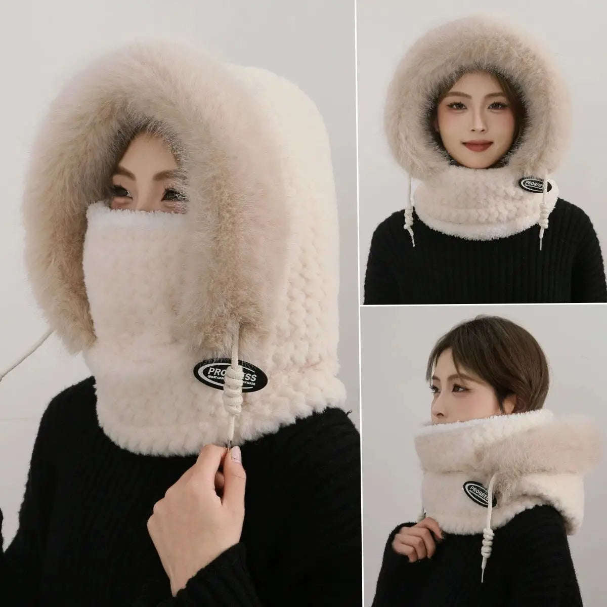 Autumn and Winter Women Thermal Plush Hat Hood Scarf and Mask Ear Protection Windproof Thick Design for Riding Outdoor