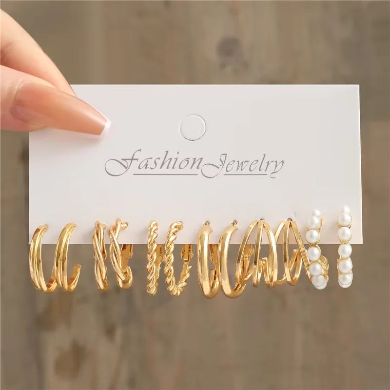 Fashion Geometric Hoop Earrings Set for Women Vintage Bohemian Pearl Gold Color Round Earring Punk Daily Wear Jewelry Gifts 2025
