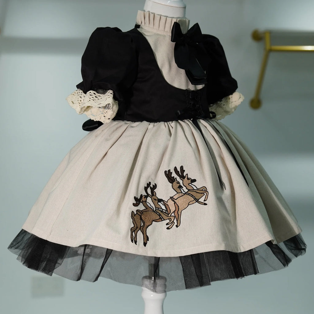 0-12Y Baby Girl Summer Black Deer Embroidery Turkish Vintage Princess Dress for Birthday Holiday Easter Photography Eid C105