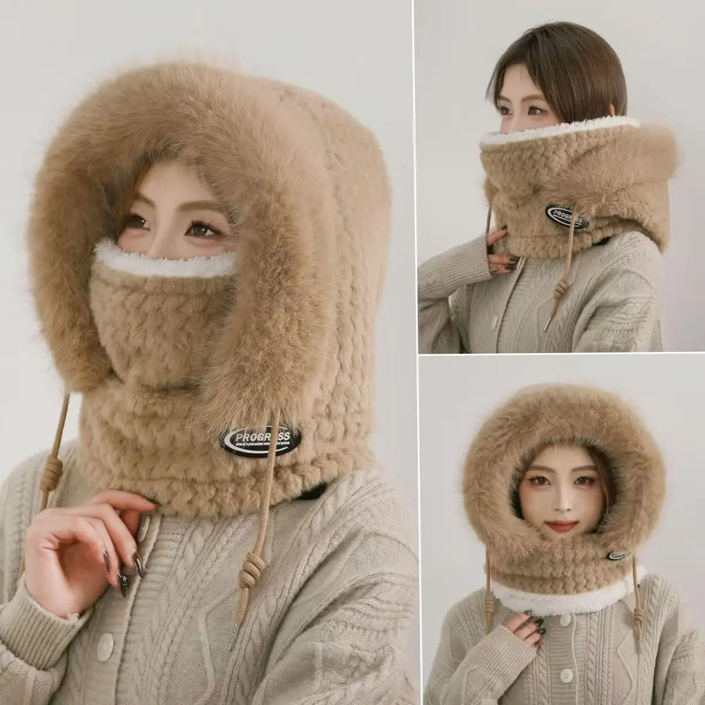 Autumn and Winter Women Thermal Plush Hat Hood Scarf and Mask Ear Protection Windproof Thick Design for Riding Outdoor