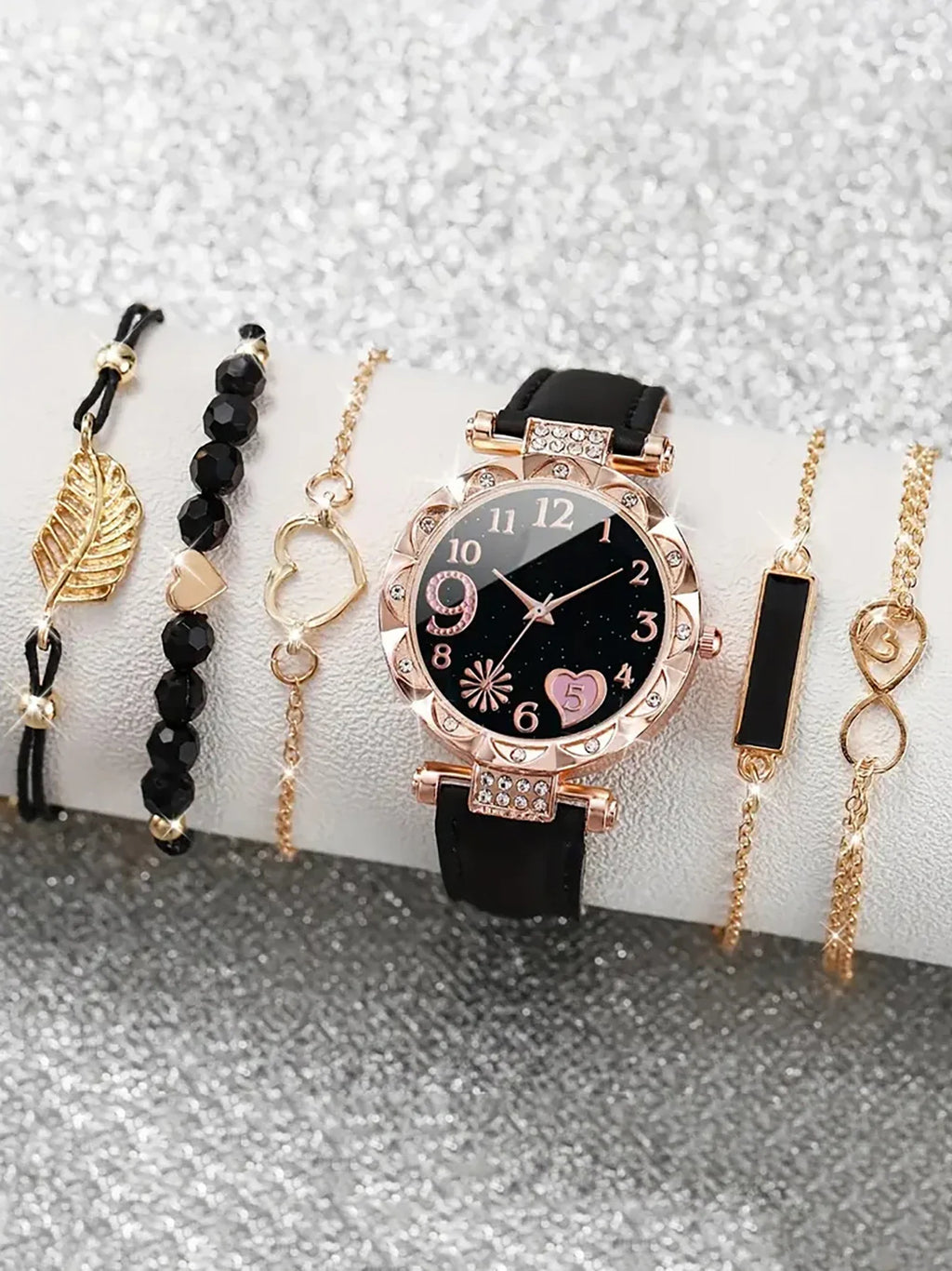 6PCS Women's Fashion Quartz Watch Luxury Pink Leather Band Analog WristWatch Ladies Watch Women Dress Bracelet Set  Clock