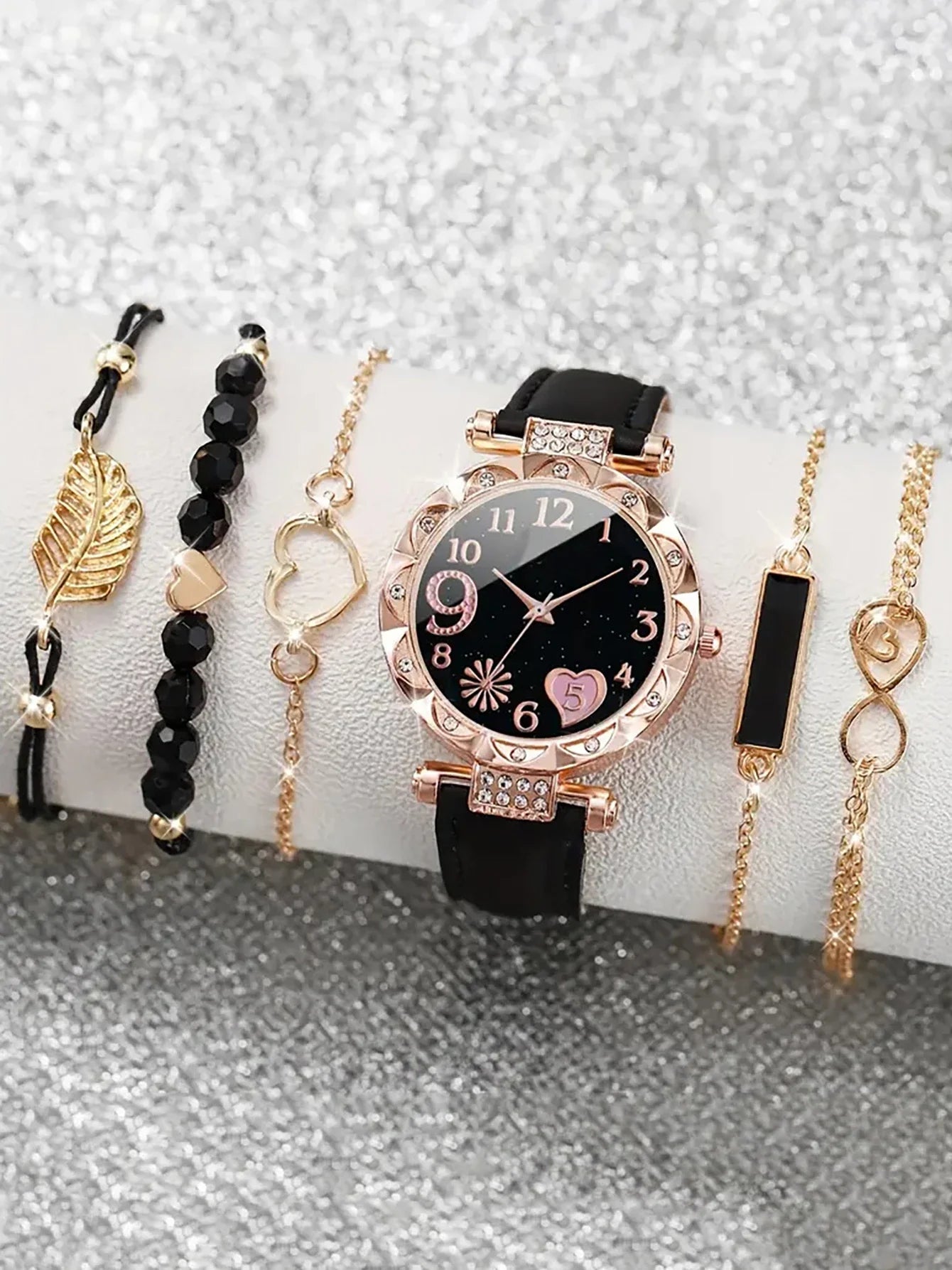 6PCS Women's Fashion Quartz Watch Luxury Pink Leather Band Analog WristWatch Ladies Watch Women Dress Bracelet Set  Clock