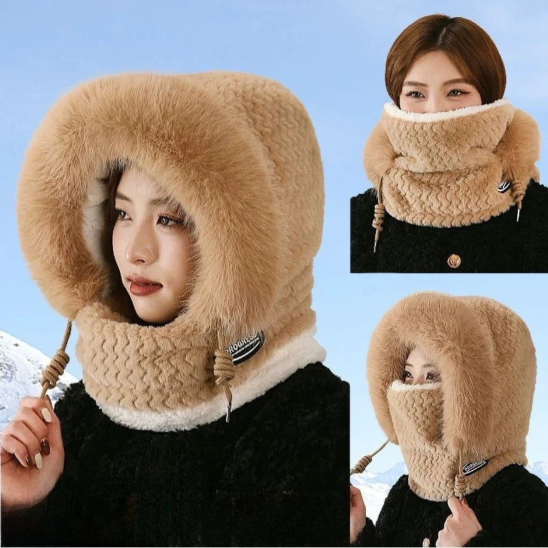 Autumn and Winter Women Thermal Plush Hat Hood Scarf and Mask Ear Protection Windproof Thick Design for Riding Outdoor