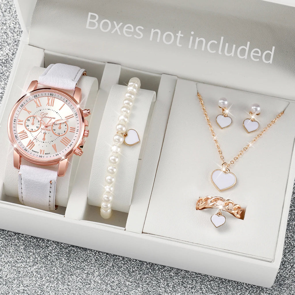 5/6PCS Luxury Women Watches Jewelry Set Fashion Roma Dial Ladies Leather Band Quartz Watch Relogios Feminino（Without Box）