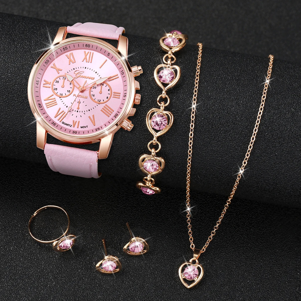 5/6PCS Luxury Women Watches Jewelry Set Fashion Roma Dial Ladies Leather Band Quartz Watch Relogios Feminino（Without Box）