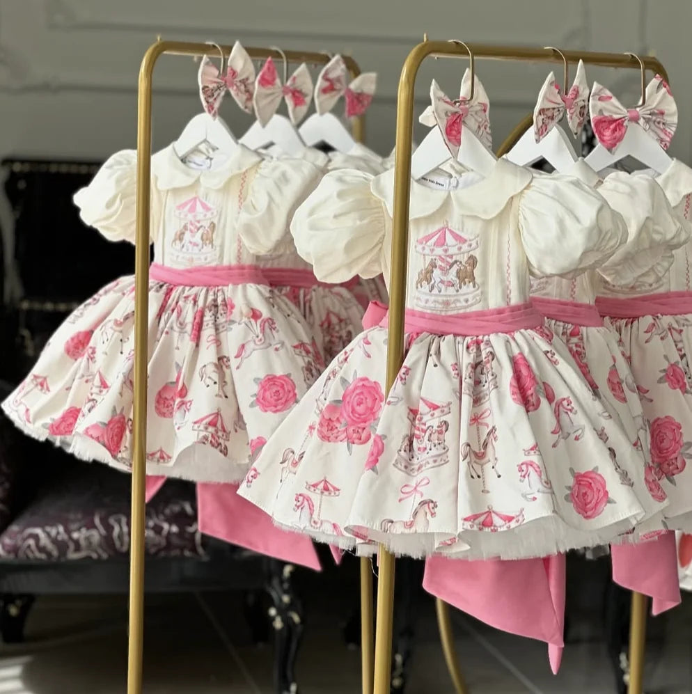 Baby Girl Summer Cartoon Carousel Embroidery Printed Turkish Vintage Princess  Dress for Birthday Party Eid Photography B87