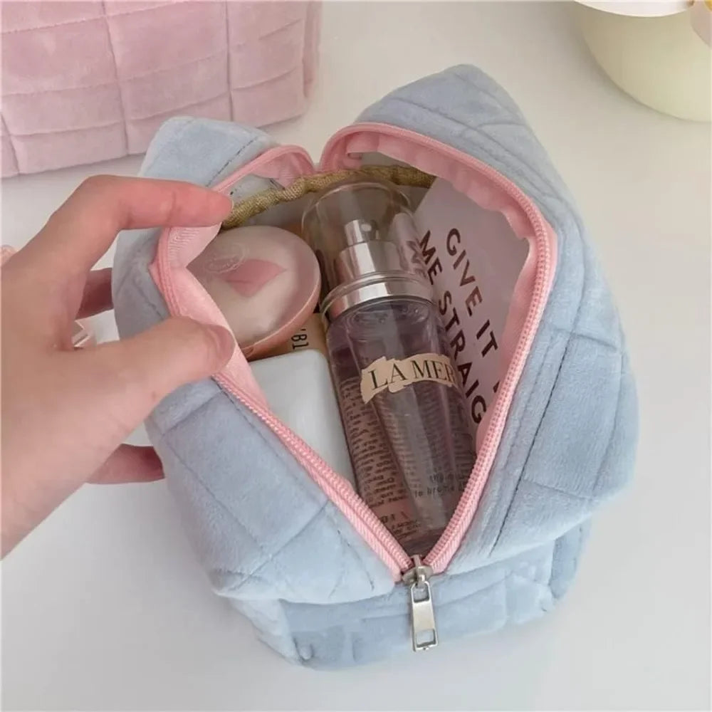 Cute Plush Makeup Bag for Women Portable Travel Small Cosmetic Bags Solid Color Zipper Toiletry Bag Washing Pouch Storage Bags
