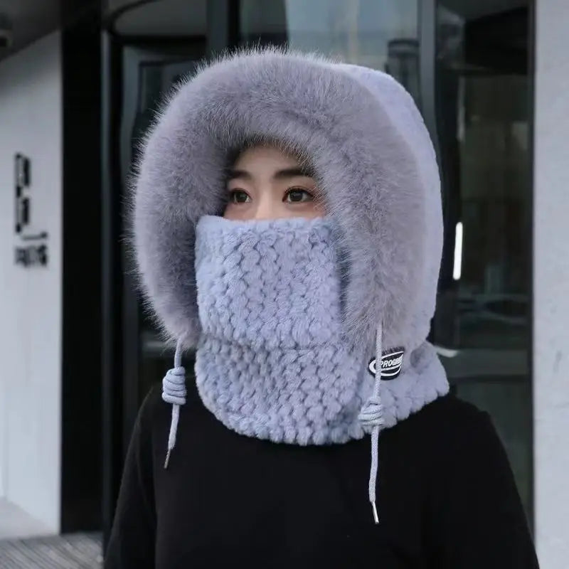 Autumn and Winter Women Thermal Plush Hat Hood Scarf and Mask Ear Protection Windproof Thick Design for Riding Outdoor