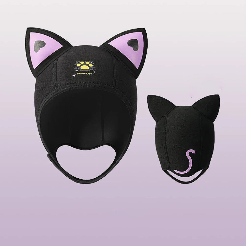 3MM Neoprene Diving Hood With Chin Straps Women Cute Cat Ears Waterproof Hat Wetsuit Hood Swimming Snorkeling Caps