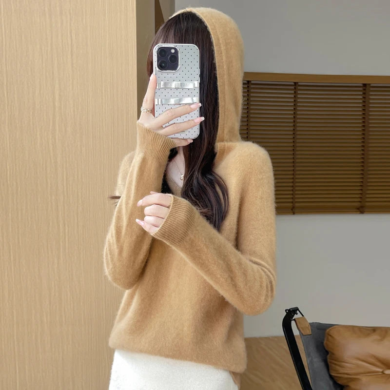 Women Autumn Winter Clothing Hooded Collar Pullover 100% Merino Wool Sweater New Fashion Cashmere Tops Bottoming Knitwear Soft